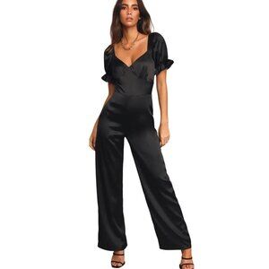 Lulu's Lustrous Looks Black Satin Puff Sleeve Wide Leg Jumpsuit Small Elegant